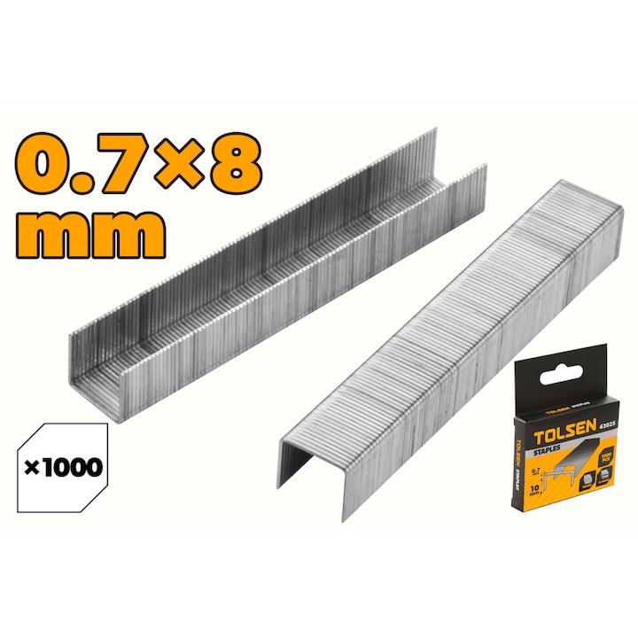 Capse TOLSEN 0.7x8 mm, 1000 bucati, Otel zincat anticoroziv, Compatibile cu capsatoare standard, Pentru lemn, tapiterie, carton si materiale textile, Forma standard, Penetrare precisa si fixare sigura, Industrie Confectii Mobilier, GS/CE