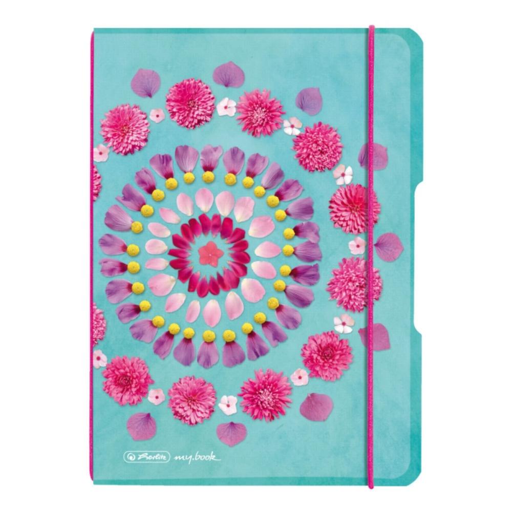 Caiet Herlitz, MyBook Flex, A5, 40f, 80 gr, patretele, coperta Flowers, elastic fuchsia