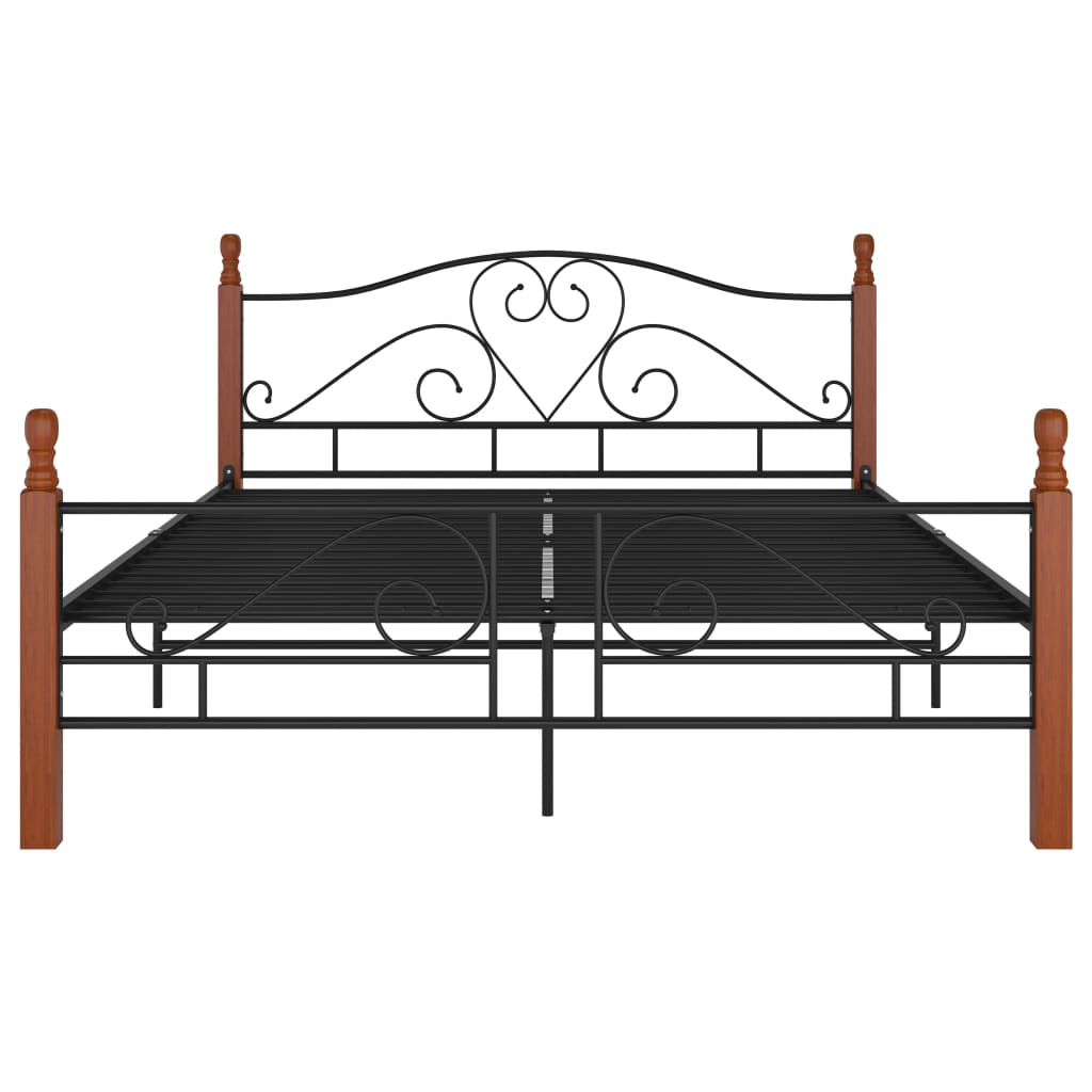 Cadru dublu de pat cu somiera, vidaXL, Metal-Lemn, 140 x 200 cm, Negru-Maro inchis