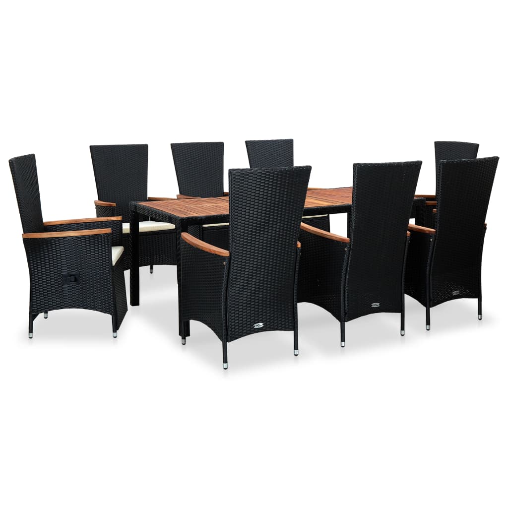 Set mobilier de gradina din 9 piese cu perne albe, vidaXL, Poliratan, 190 x 90 x 75 cm, Negru