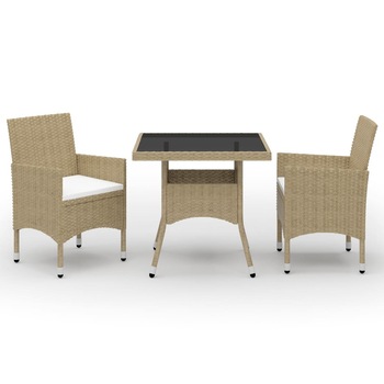 Set mobilier de gradina, 3 piese, bej, poliratan si sticla Set mobilier de gradina, 3 piese, bej, poliratan si sticla