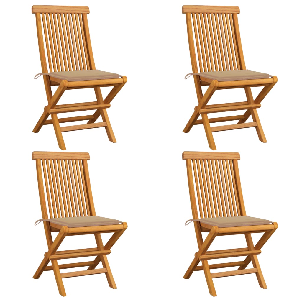 Set de 4 scaune de exterior, cu perne, vidaXL, Lemn de tec/Poliester, 47 x 60 x 89 cm, 4 cm, Maro/Perne bej