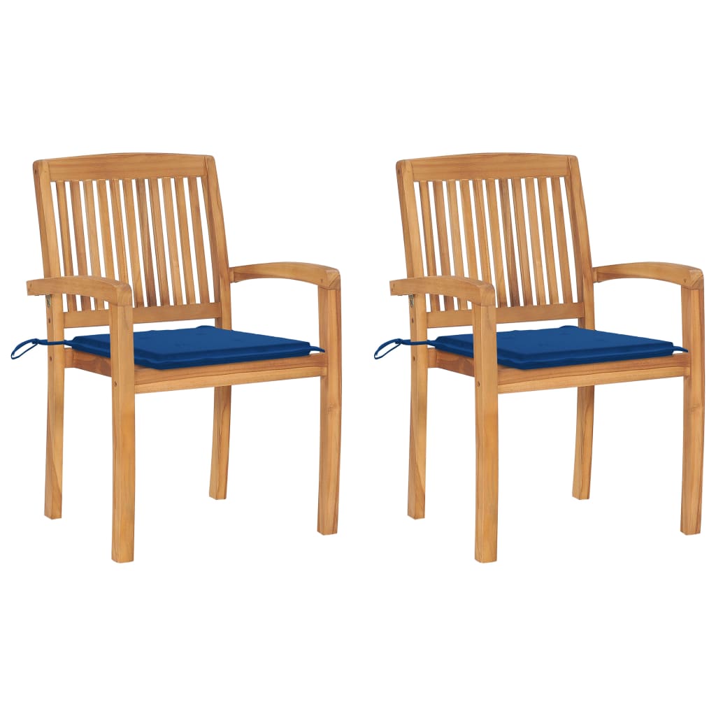 Set de 2 scaune de exterior, vidaXL, Lemn de tec/Poliester, 60 x 57,5 x 90 cm, 4 cm, Maro miere-Perne albastru regal