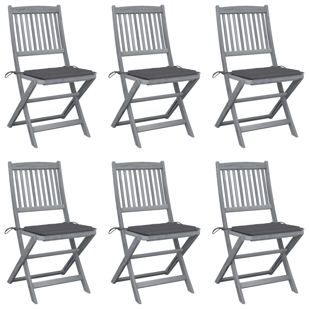 Set de 6 scaune pliabile de gradina, cu perne 4 cm, vidaXL, Lemn de acacia, 48.5 x 57 x 91 cm, Maro/Gri antracit