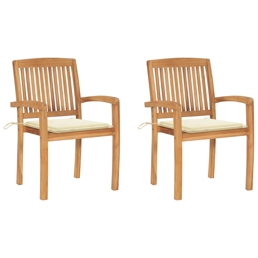 Set de 2 scaune de exterior, cu perne si brate, vidaXL, Lemn de tec-Poliester, 60 x 57,5 x 90 cm, 4 cm, Maro/Perne crem