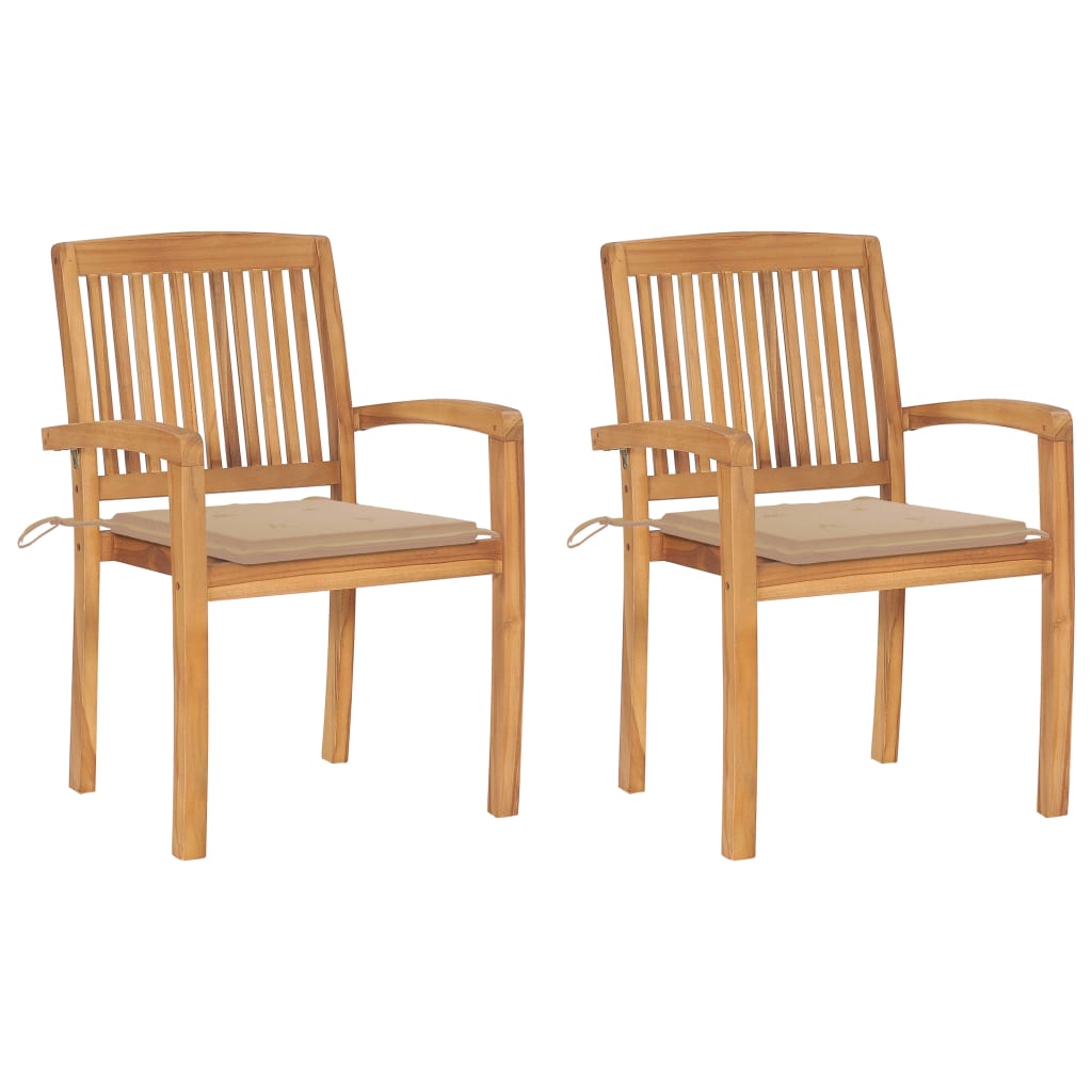 Set de 2 scaune de exterior, cu perne si brate, vidaXL, Lemn de tec-Poliester, 60 x 57,5 x 90 cm, 4 cm, Maro/Perne bej