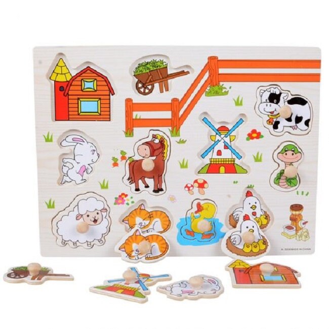 Puzzle cu animale ferma iepurasul din lemn cu maner ajutator 11 piese