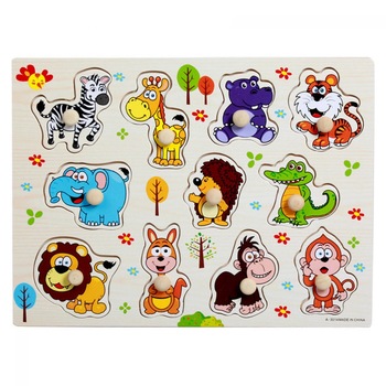 Puzzle cu animale din jungla din lemn cu maner ajutator 11 piese Puzzle cu animale din jungla din lemn cu maner ajutator 11 piese