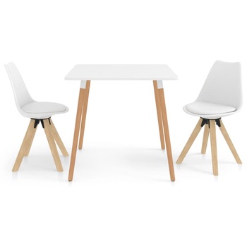 Set mobilier de bucatarie cu 1 masa cu blat alb si 2 scaune tapitate, vidaXL, Piele artificiala, 80 x 80 x 75 cm, Alb Set mobilier de bucatarie cu 1 masa cu blat alb si 2 scaune tapitate, vidaXL, Piele artificiala, 80 x 80 x 75 cm, Alb