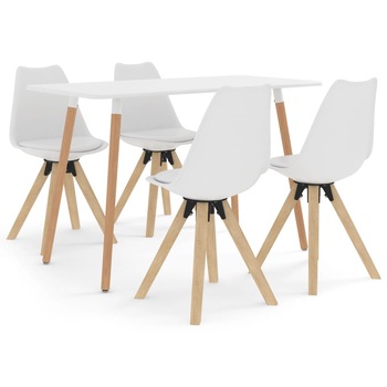 Set mobilier de bucatarie 5 piese, masa cu scaune, vidaXL, Piele artificiala/Lemn de fag, 120 x 60 x 75 cm, Alb Set mobilier de bucatarie 5 piese, masa cu scaune, vidaXL, Piele artificiala/Lemn de fag, 120 x 60 x 75 cm, Alb