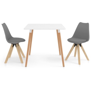 Set mobilier de bucatarie cu 1 masa cu blat alb si 2 scaune tapitate, vidaXL, Piele artificiala, 80 x 80 x 75 cm, Gri Set mobilier de bucatarie cu 1 masa cu blat alb si 2 scaune tapitate, vidaXL, Piele artificiala, 80 x 80 x 75 cm, Gri