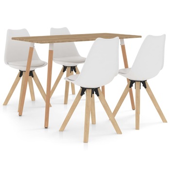 Set mobilier de bucatarie 5 piese, masa cu scaune, vidaXL, Piele artificiala/Lemn de fag, 120 x 60 x 75 cm, Alb Set mobilier de bucatarie 5 piese, masa cu scaune, vidaXL, Piele artificiala/Lemn de fag, 120 x 60 x 75 cm, Alb