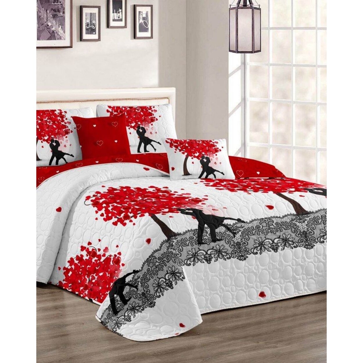 Cuvertura de pat + 2 Fete de Perne, Bumbac Tip Finet, Imprimata, Pat 2 persoane, C04-34