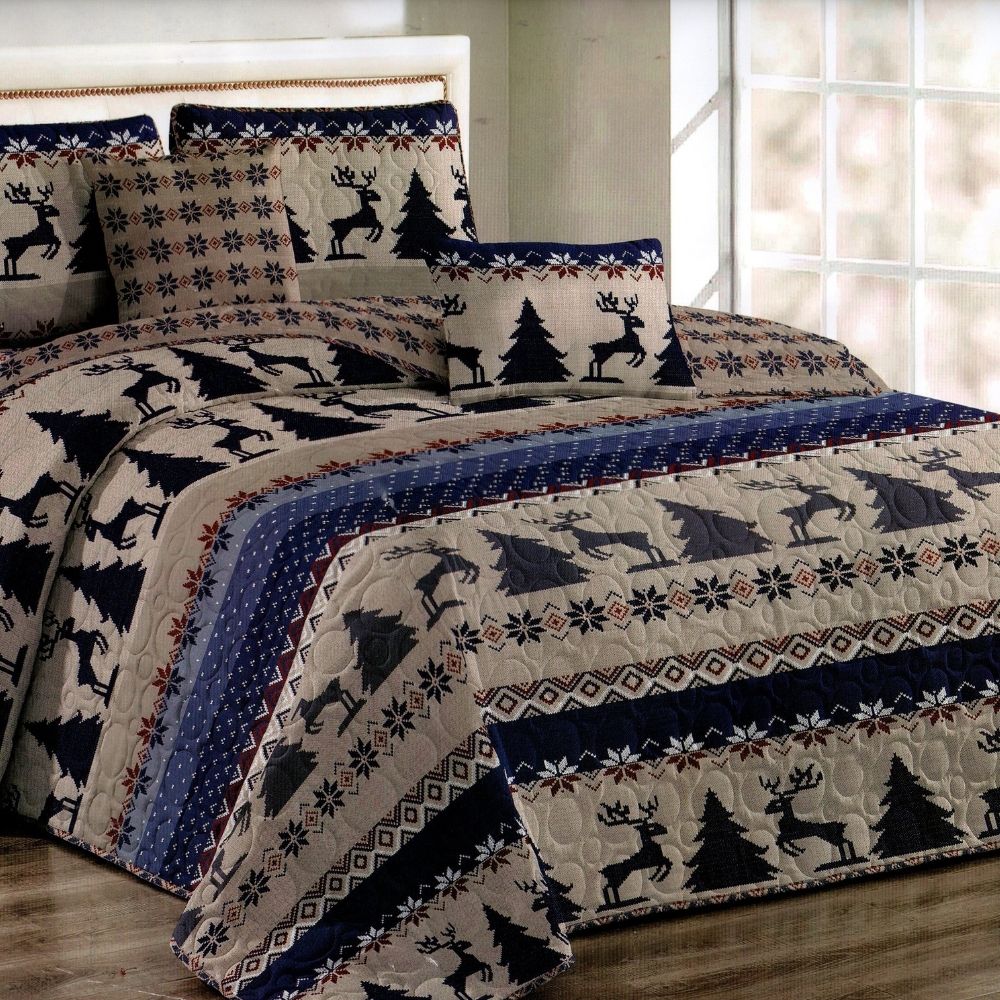 Cuvertura de pat + 2 Fete de Perne, Bumbac Tip Finet, Imprimata, Pat 2 persoane, C04-46