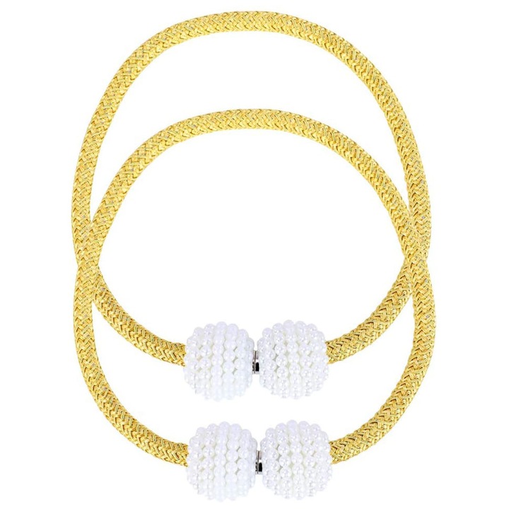 Set magneti decorativi pentru perdele, Sundiguer, Perle, 43 cm, Alb/Auriu