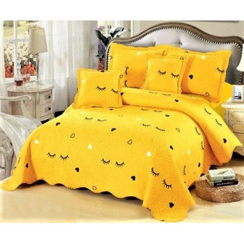 Cuvertura de pat dublu, Bumbac 100%, 5 piese, 230 x 250 cm, Galbena cu Gene Cuvertura de pat dublu, Bumbac 100%, 5 piese, 230 x 250 cm, Galbena cu Gene