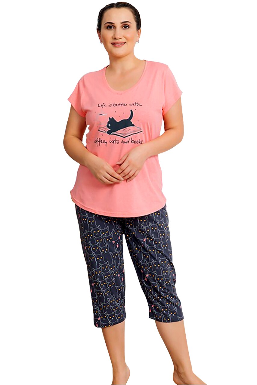 Pijama Dama, Vienetta, Model 'Life is Better With Coffe and Cats', Culoare Roz,