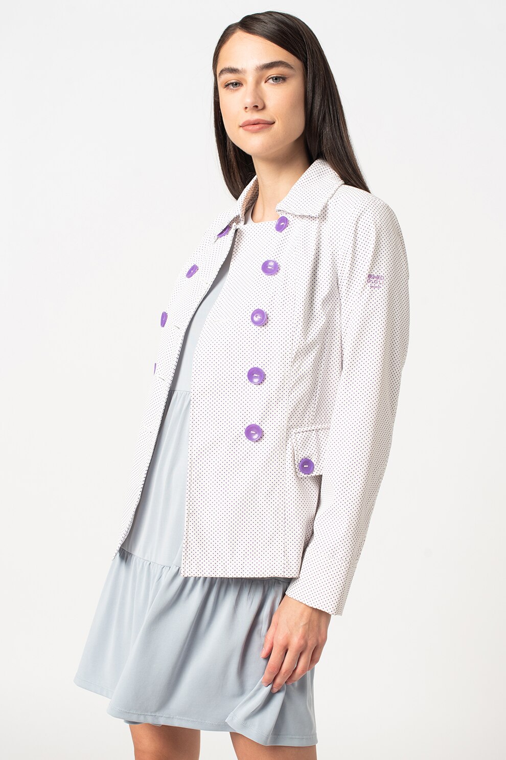 Romeo Gigli, Jacheta cu doua randuri de nasturi si imprimeu cu buline, Alb/Lila