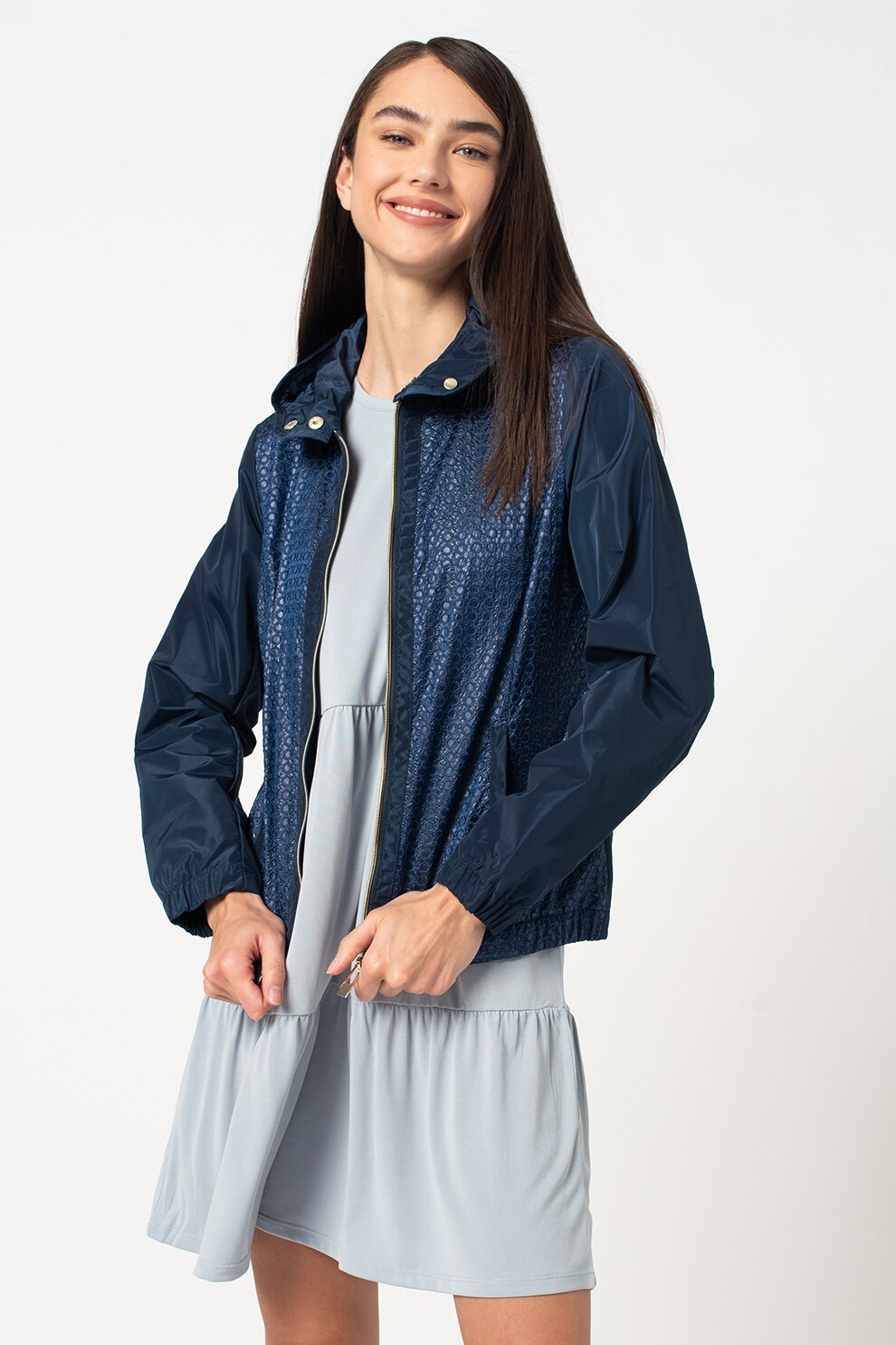 Romeo Gigli, Jacheta cu broderie frontala si gluga, Bleumarin