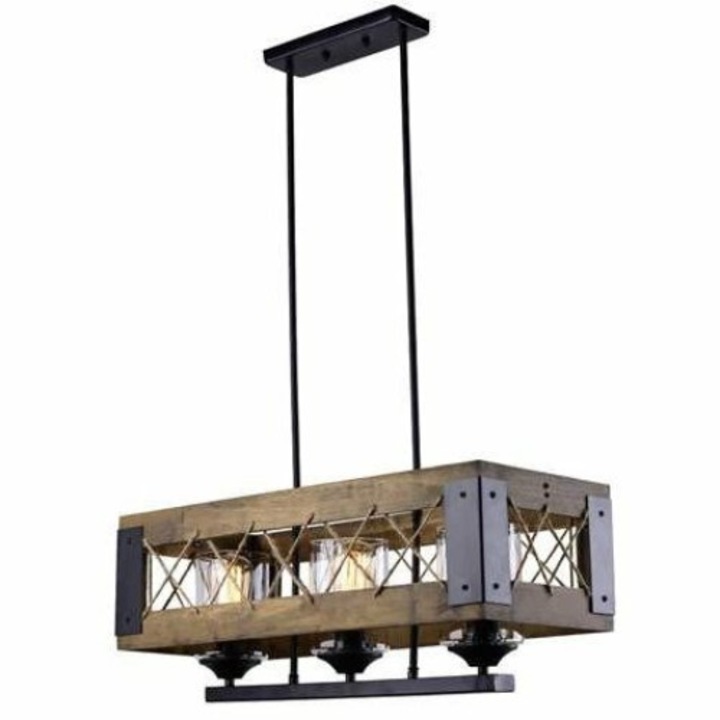 Lustra Cojom Dream farm 3, rustic-vintage, 3xE27, lemn maro cu metal negru si abjururi din sticla transparenta