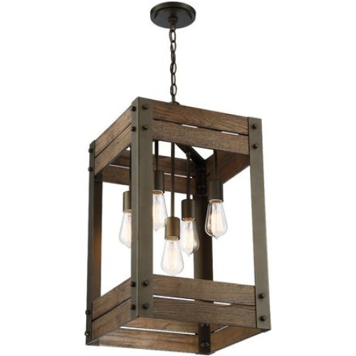 Pendul Cojom Bird box 5 , rustic-vintage, 5xE27, lemn maro cu metal negru/maro