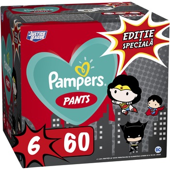 Scutece-chilotel Pampers Pants cu supereroii DC – Editie speciala, Marimea 6, 15+ kg, 60 buc Scutece-chilotel Pampers Pants cu supereroii DC – Editie speciala, Marimea 6, 15+ kg, 60 buc