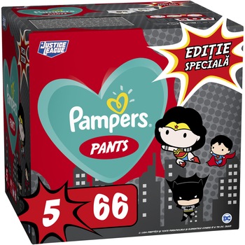 Scutece-chilotel Pampers Pants cu supereroii DC – Editie speciala, Marimea 5, 12-17 kg, 66 buc Scutece-chilotel Pampers Pants cu supereroii DC – Editie speciala, Marimea 5, 12-17 kg, 66 buc