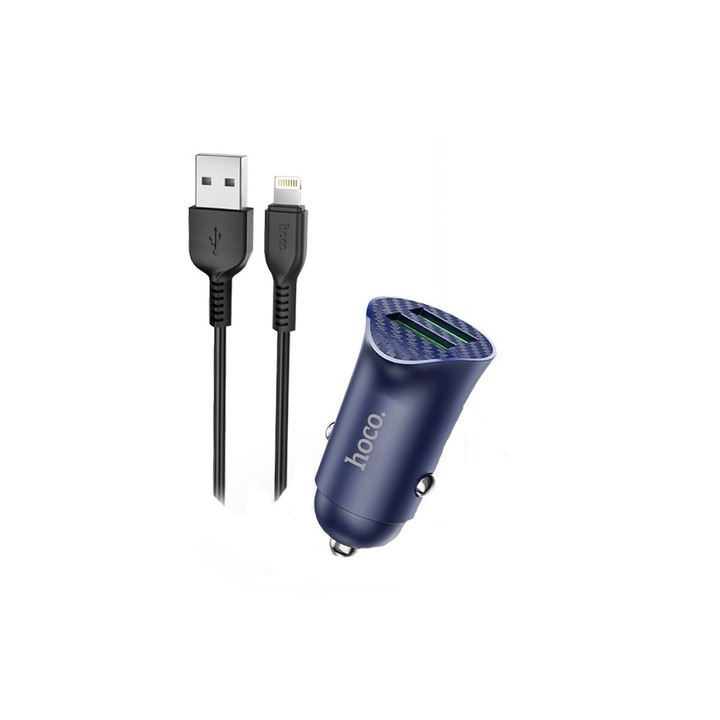Szivartöltő fej, autós töltő, 2 USB port + iPhone 8pin, lightning töltőkábel, adatkábel, gyorstöltő, quick charge, 1m 18W, kék/fekete, Hoco Z39