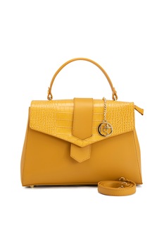 Pia Sassi, Geanta de piele cu bareta detasabila de umar si clapa Mangioia, Galben sofran Pia Sassi, Geanta de piele cu bareta detasabila de umar si clapa Mangioia, Galben sofran