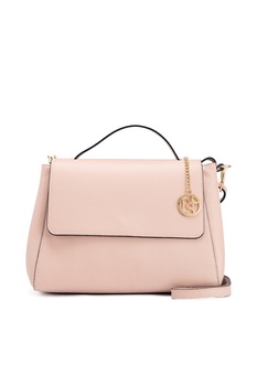 Pia Sassi, Geanta de piele cu bareta de umar si accesoriu logo, Roz pal Pia Sassi, Geanta de piele cu bareta de umar si accesoriu logo, Roz pal