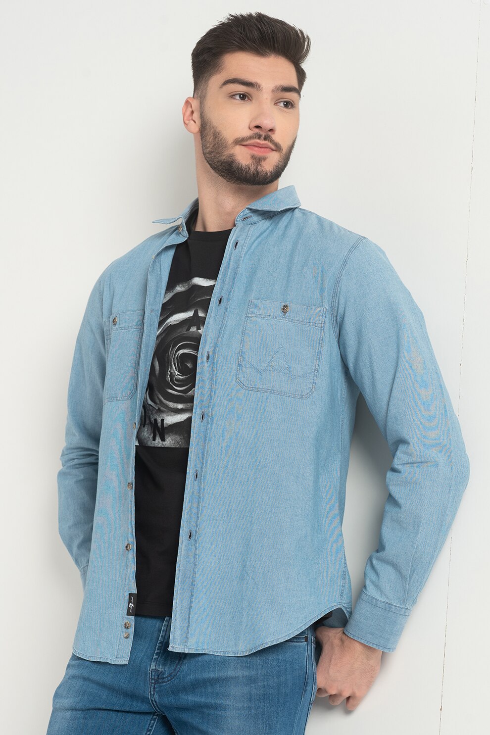 7 for all mankind, Camasa din material chambray cu buzunare pe piept, Albastru