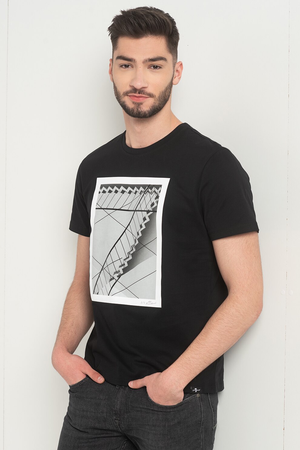 7 for all mankind, Tricou cu imprimeu abstract, Negru/Alb/Gri