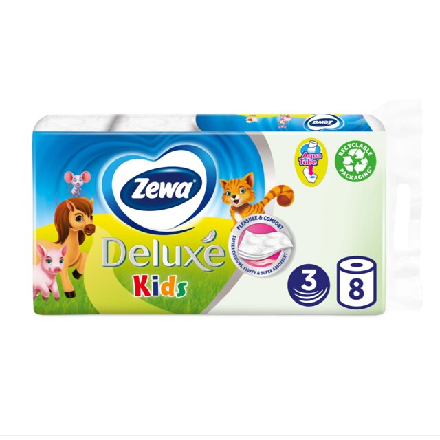 Hartie igienica Zewa Kids in 3 straturi, aqua tube, ambalaj reciclabil, pachet 8 role