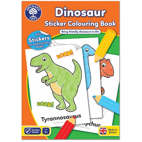 Carte Orchard Toys de Colorat cu Activitati in Limba Engleza si Abtibilduri Dinozaur