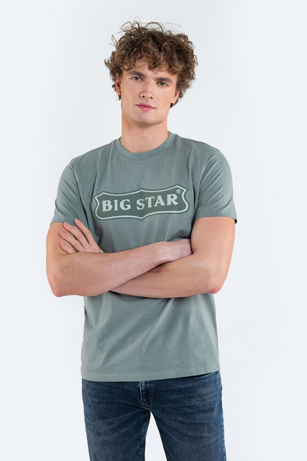 Big Star, Tricou cu decolteu la baza gatului si imprimeu logo, Verde feriga, S