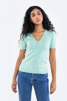 Big Star, Tricou cu decolteu in V si aspect striat, Albastru aqua Big Star, Tricou cu decolteu in V si aspect striat, Albastru aqua