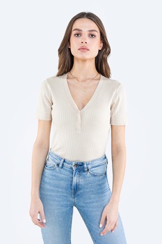 Big Star, Tricou cu decolteu in V si aspect striat, Crem Big Star, Tricou cu decolteu in V si aspect striat, Crem