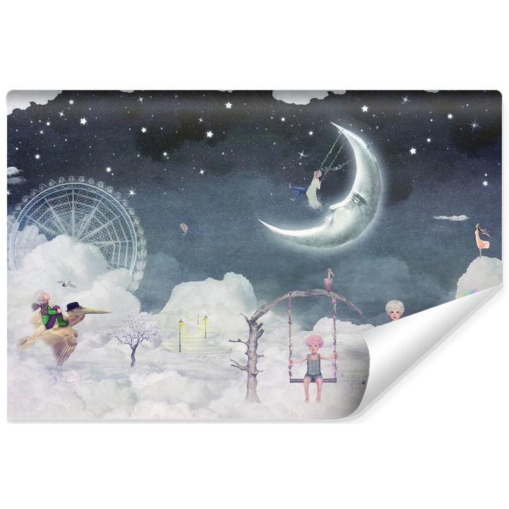 Fototapet copii oras nori 3D 270cm x 180cm Abstract, Luna, Creative decor, Design modern, Semilavabil, Living