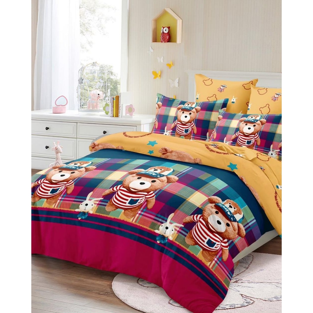 Set Lenjerie de Pat din Finet, 6 Piese, Pat 2 Persoane, Ursi si Iepuri