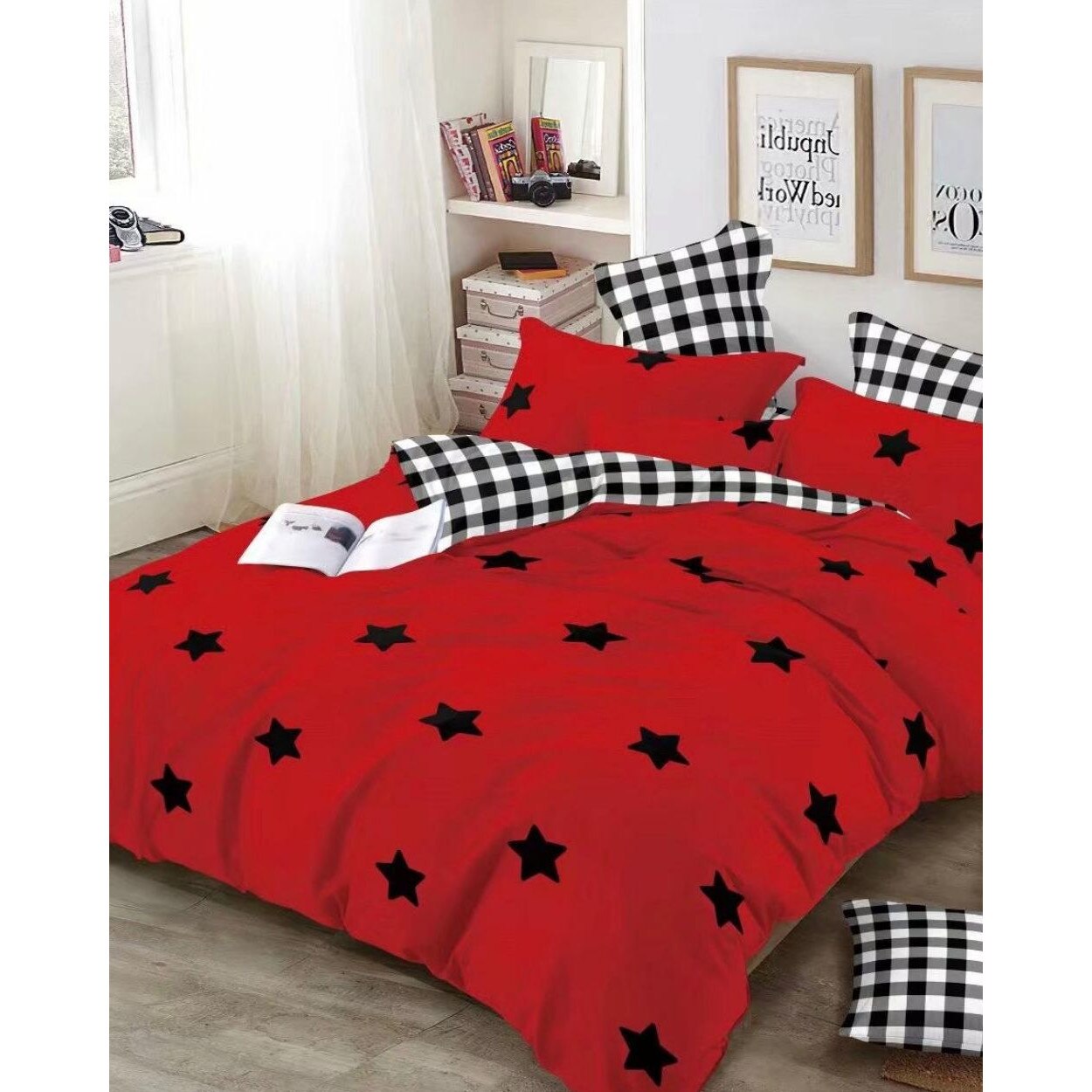 Set Lenjerie Bumbac Satinat 2 Fete, Pat 2 Persoane, 4 Piese, Black Stars