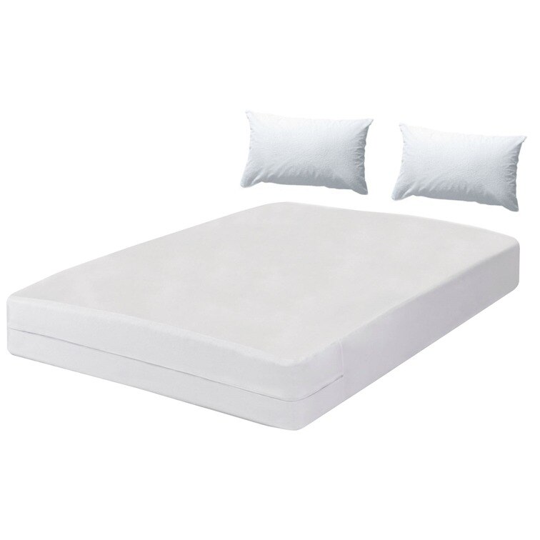 Set 3 piese impermeabile Metru Patrat, compus din husa de protectie impermeabila cu fermoar pentru saltea de 200/190 + 2 huse impermeabile pentru perna de 50/70