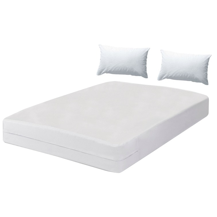 Set 3 piese impermeabile Metru Patrat, compus din husa de protectie impermeabila cu fermoar pentru saltea de 170/190 + 2 huse impermeabile pentru perna de 50/70