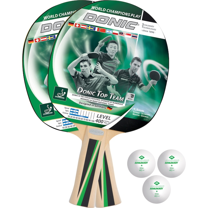 Комплект за тенис на маса Donic Top Team 400, 2 хилки, 3 топки и транспортна чанта