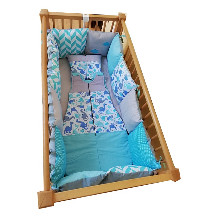 Lenjerie bumbac patut bebelusi premium, din bumbac , Model Dino turcoaz, 7 piese