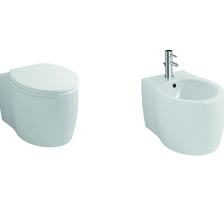 Комплект биде и тоалетна чиния EGO Interiors Lupine, За окачен монтаж, Санитарен фаянс, Капак Soft-Close, Бял