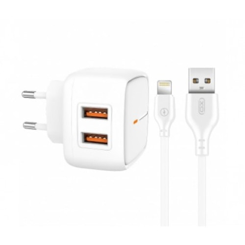 Pachet Incarcator Retea cu cablu de date Lightning XO-L61, 2 X USB, 2.4A, Alb,Blister