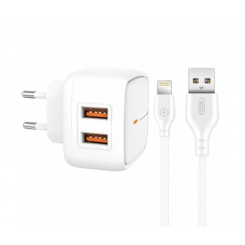 Pachet Incarcator Retea cu cablu de date Lightning XO-L61, 2 X USB, 2.4A, Alb,Blister Pachet Incarcator Retea cu cablu de date Lightning XO-L61, 2 X USB, 2.4A, Alb,Blister