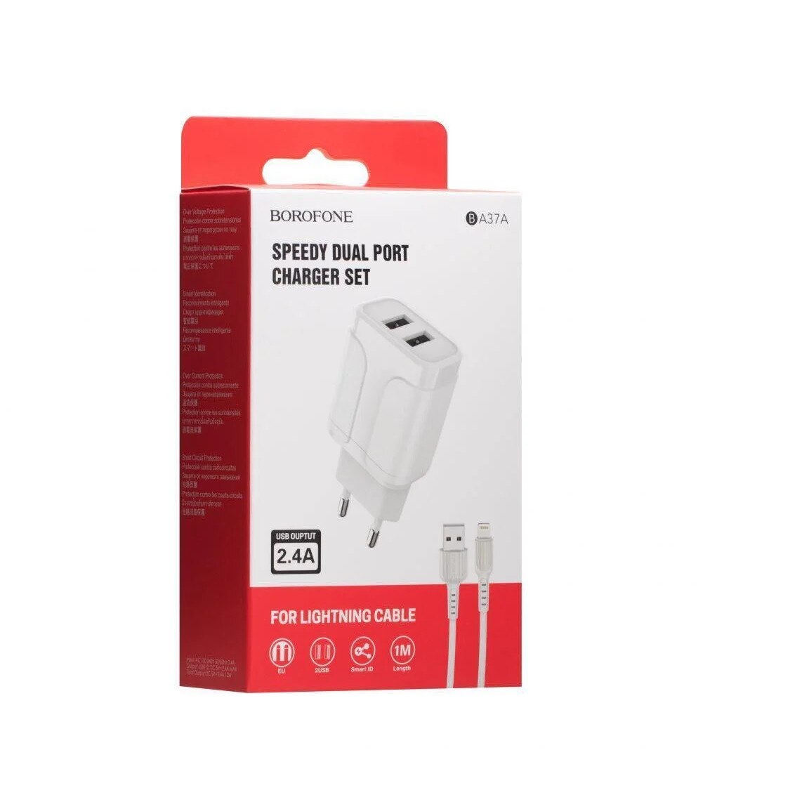 Incarcator retea Borofone 2.4A 2xUSB + cablu lightning BA37A,Alb