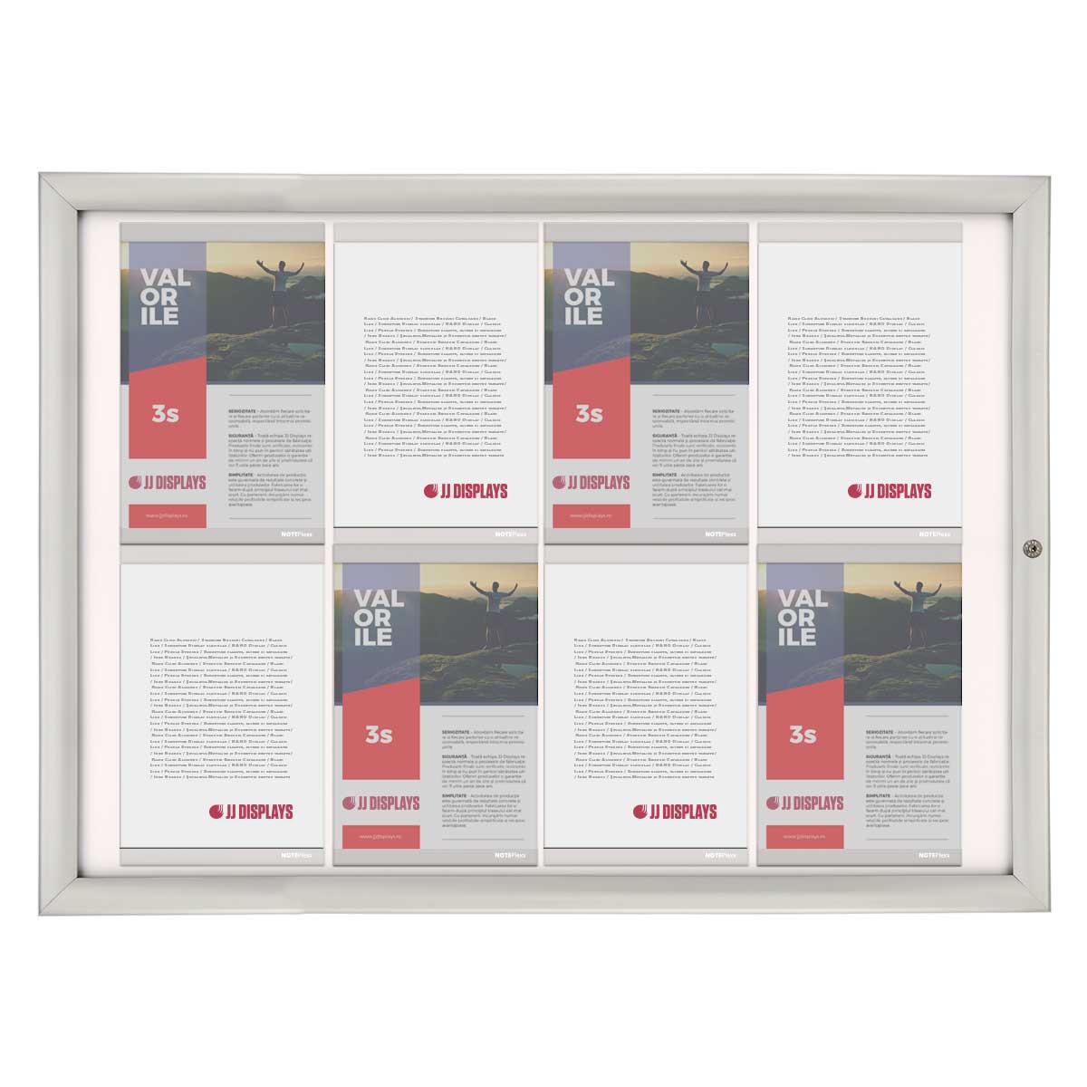 Avizier securizat cu NANO JJ DISPLAYS format 8 x A4, cu rama click din aluminiu, 700x1000 mm, rezistenta la exterior