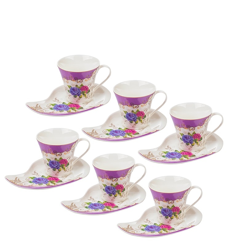 Set portelan 6 cesti cu farfurie inima, Lancaster, 150 ml, Alb/Mov